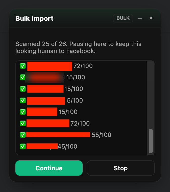 The import reading a whole inbox, pausing between batches