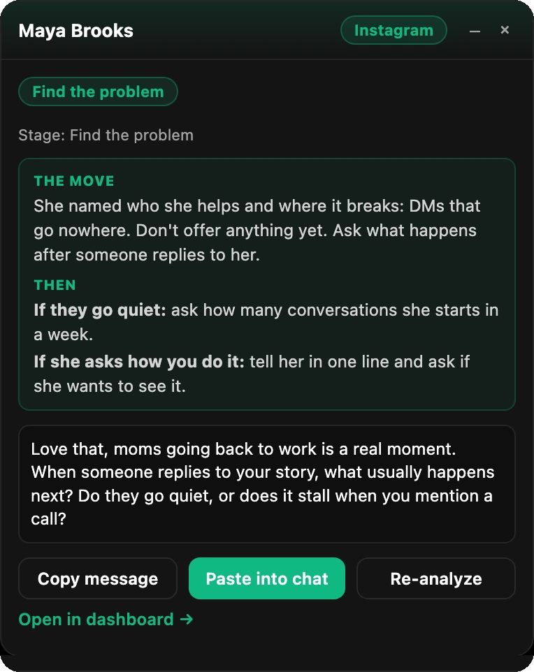 The DM Copilot card on an Instagram conversation