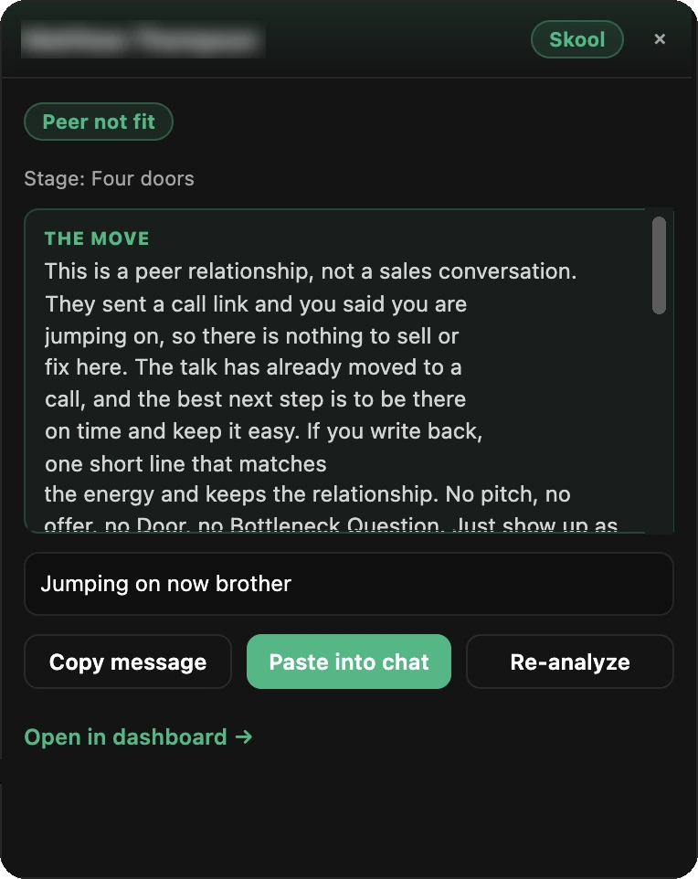 The DM Copilot card on a Skool conversation