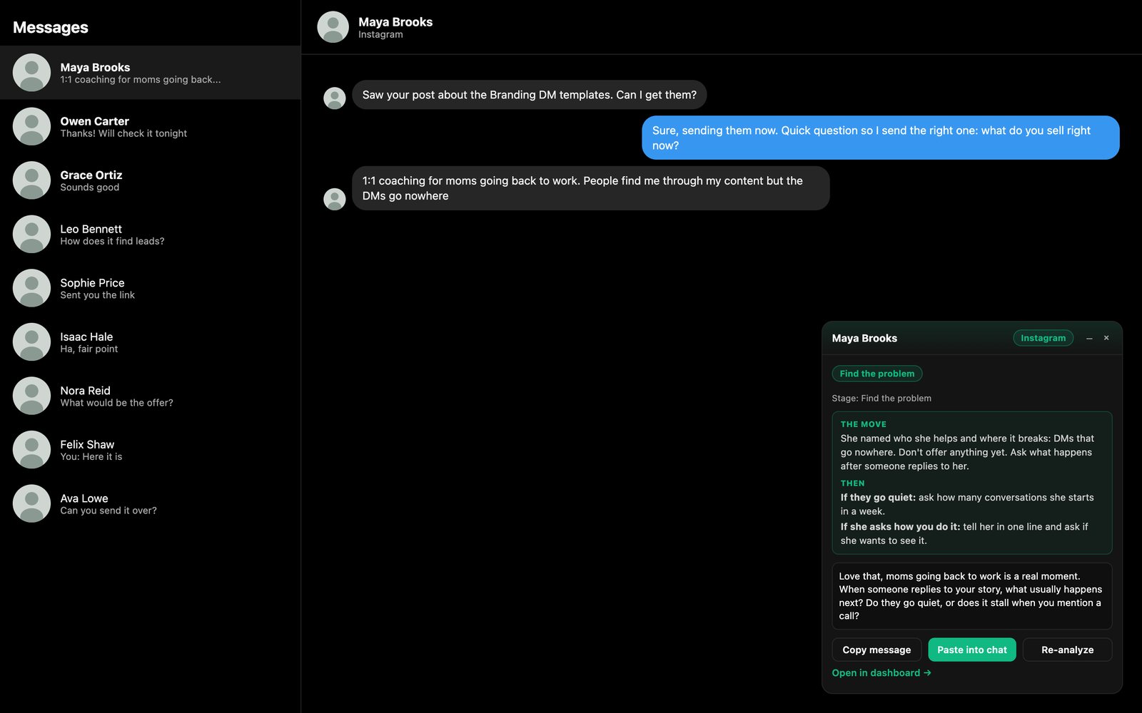 The DM Copilot card open beside an Instagram conversation, marked Instagram