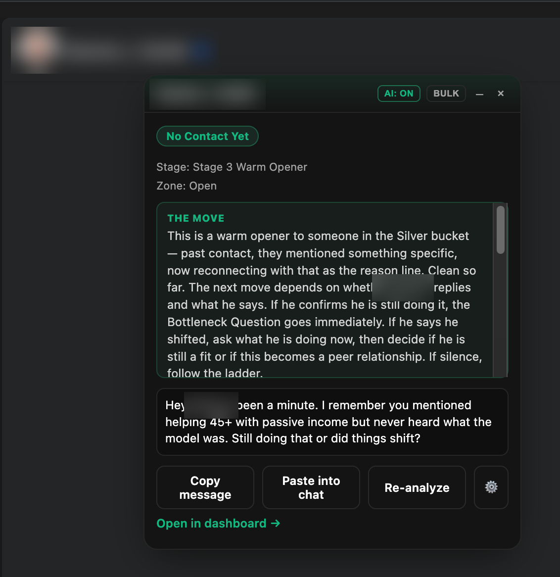 The DM Copilot card open inside a Messenger conversation